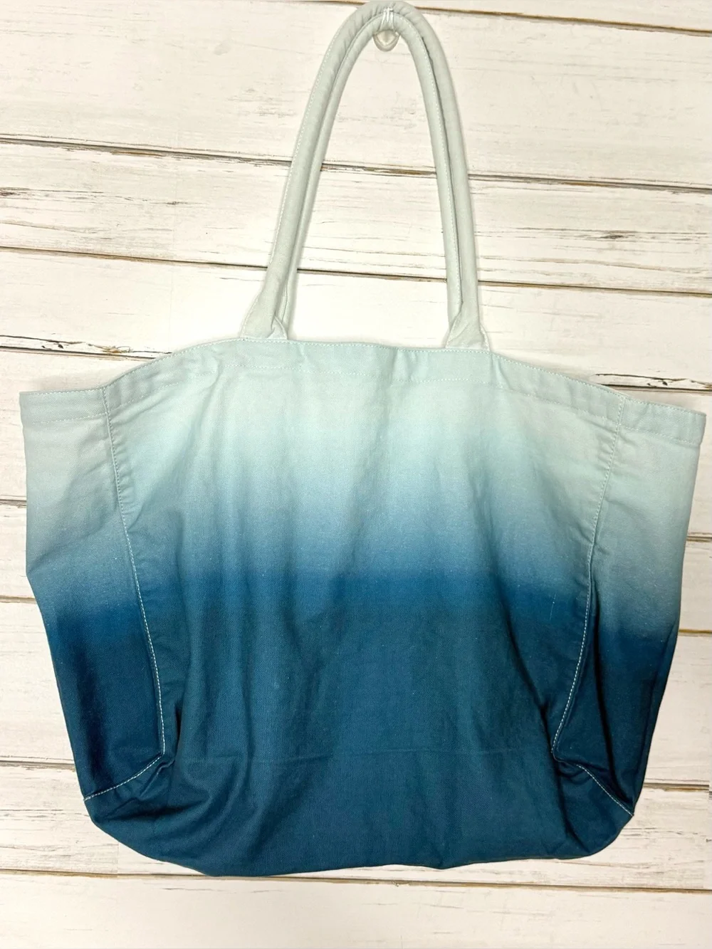 Athleta Large Ombre Canvas Tote Bag Blue White Cotton Beach Gym Shopper